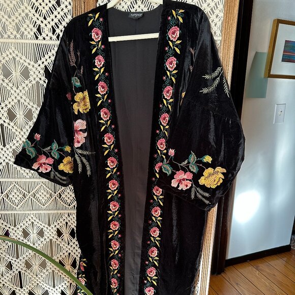Topshop Boho Velvet Embroidered Kimono Duster Robe - Picture 3 of 7